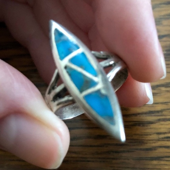 Blue Turquoise Inlay and Silver Ring Zuni Inlay Unisex Style 8.5 - Picture 6 of 9